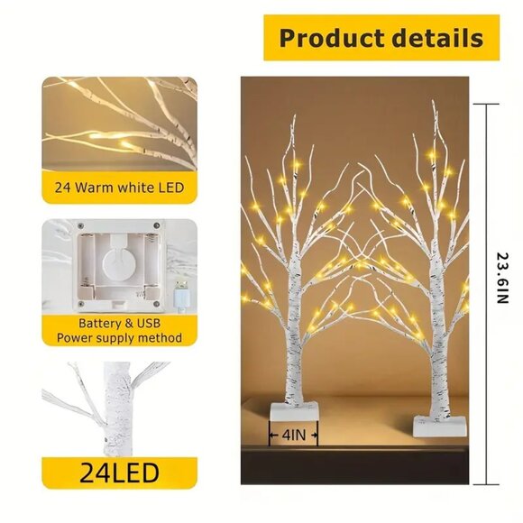2 Pak Birch Tree Lamp Decor Christmas Lights - USB or Battery -Warm White - 2FT - Picture 5 of 8
